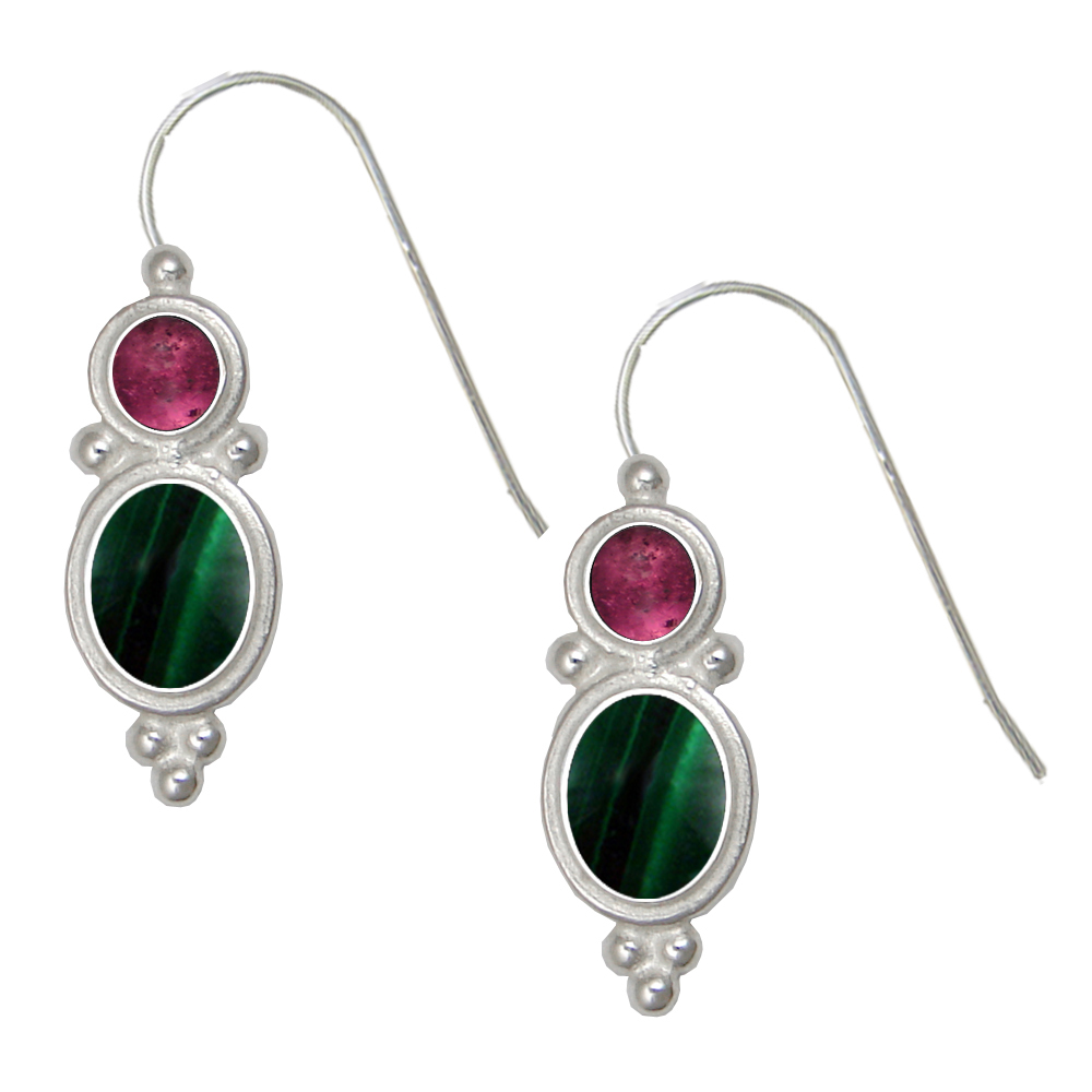 Sterling Silver Drop Dangle Earrings Malachite And Pink Tourmaline